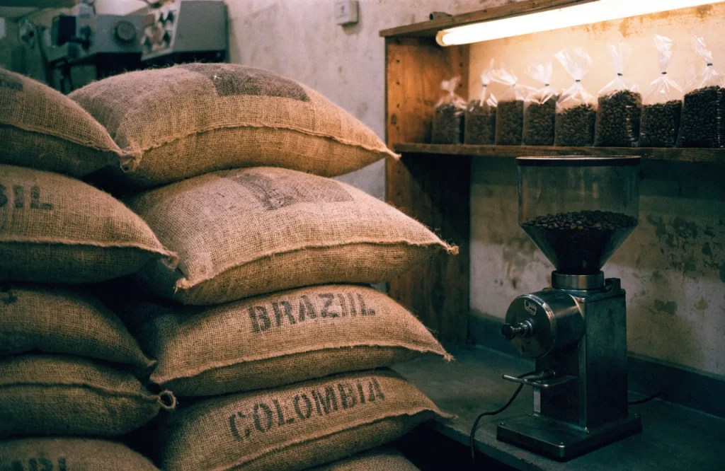 Sacos de café y molino en el almacén de la cafetería