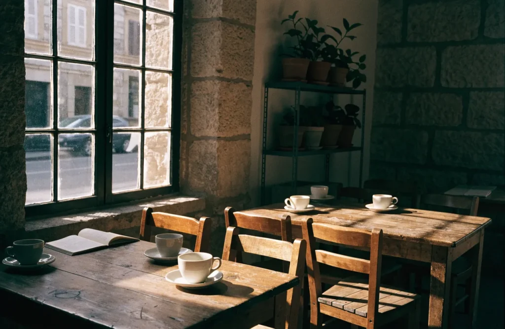 Sala de la cafetería con ventanal, mesas de madera y pared de piedra