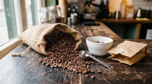 Granos de café recién tostado saliendo de un saco de arpillera sobre una barra de madera
