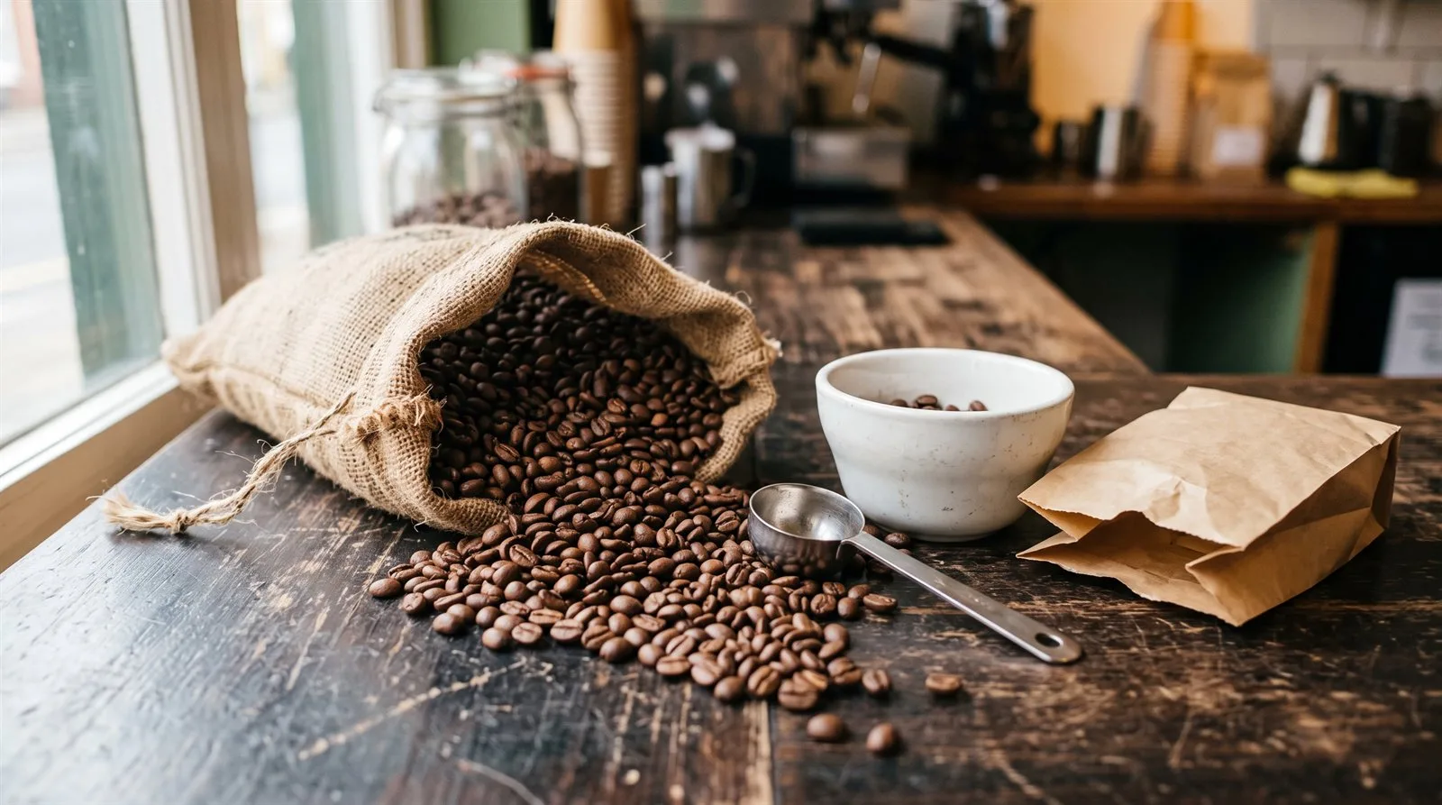 Granos de café recién tostado saliendo de un saco de arpillera sobre una barra de madera